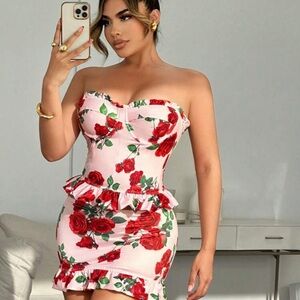 2pcs Romantic Rose Print Halter Crop Top And Skirt Set, Elegant Valentine's Day